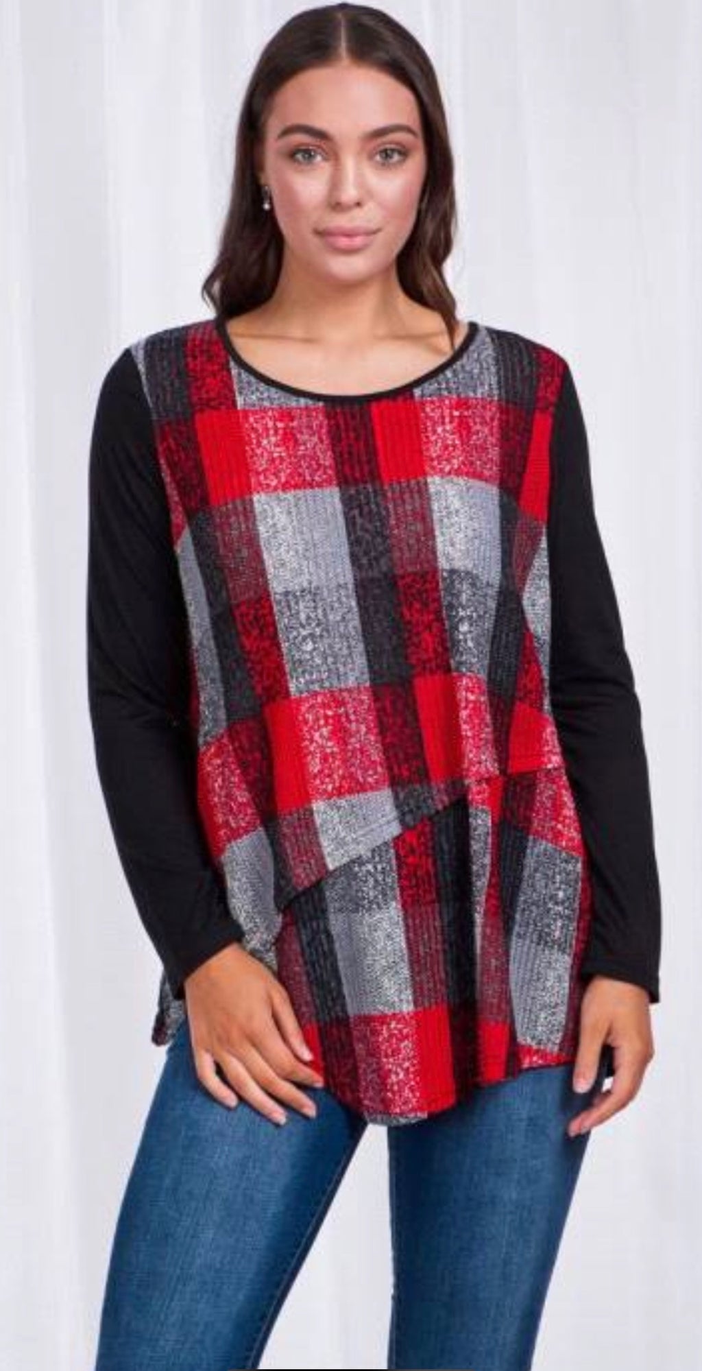 Long Sleeves Layered Tunic With Printed Mesh Front