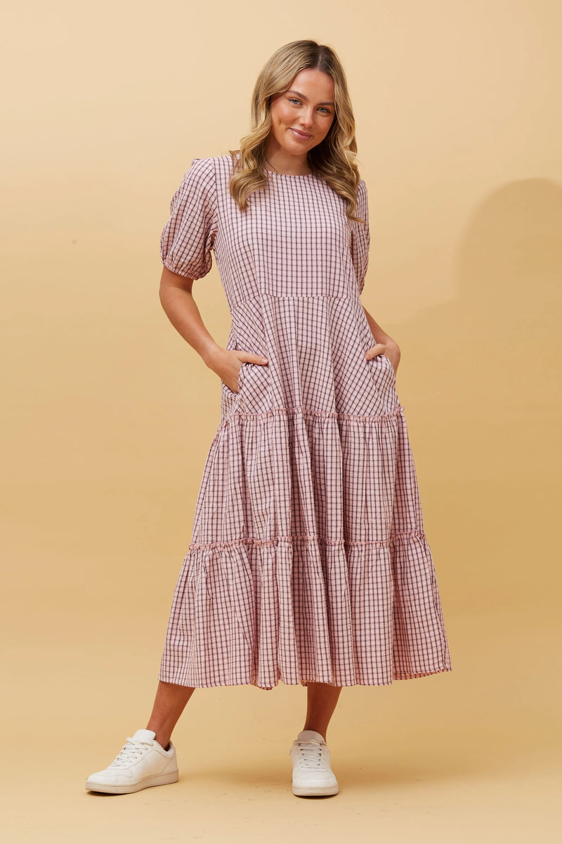 Aubrey Gingham Tiered Midi Dress