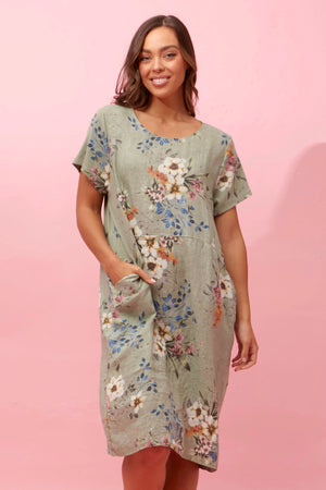 ANTONELLA FLORAL LINEN MIDI DRESS