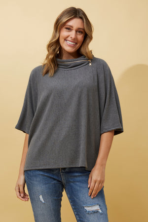Zip Detail 3/4 Sleeve Cowl Neck Top
