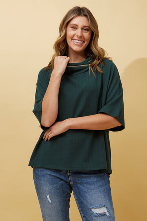 Zip Detail 3/4 Sleeve Cowl Neck Top