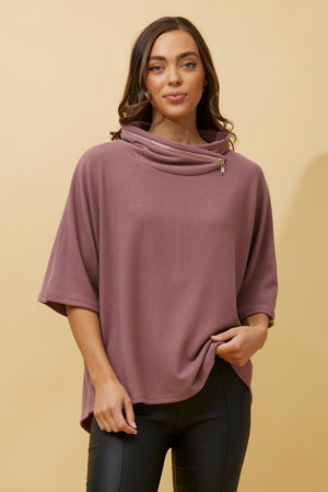 Zip Detail 3/4 Sleeve Cowl Neck Top