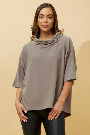Zip Detail 3/4 Sleeve Cowl Neck Top