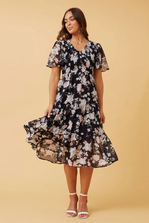 MARSHA FLORAL SHIRRED MIDI DRESS