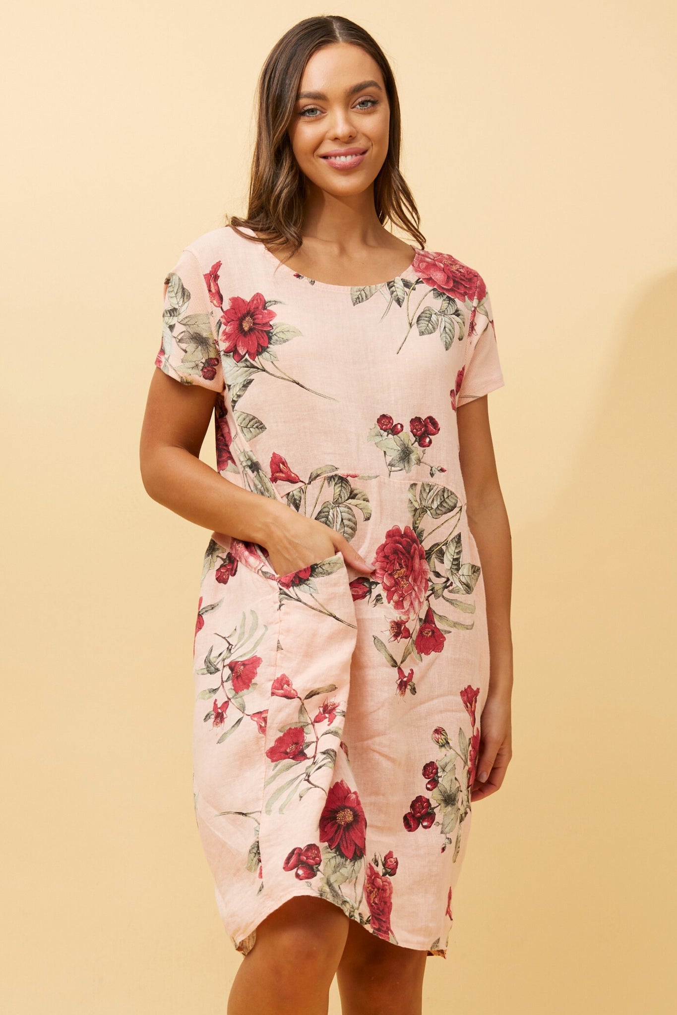 FLORAL LONGLINE LINEN TUNIC DRESS