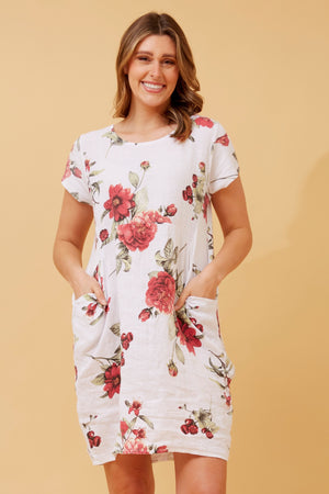 FLORAL LONGLINE LINEN TUNIC DRESS