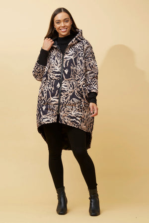 NIMA ANIMAL PRINT HOODED PUFFER COAT