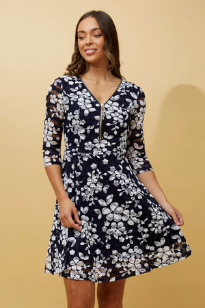 OLIVIA ZIP FRONT FLORAL SKATER DRESS