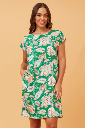 PAULA LEAF PRINT SHIFT DRESS