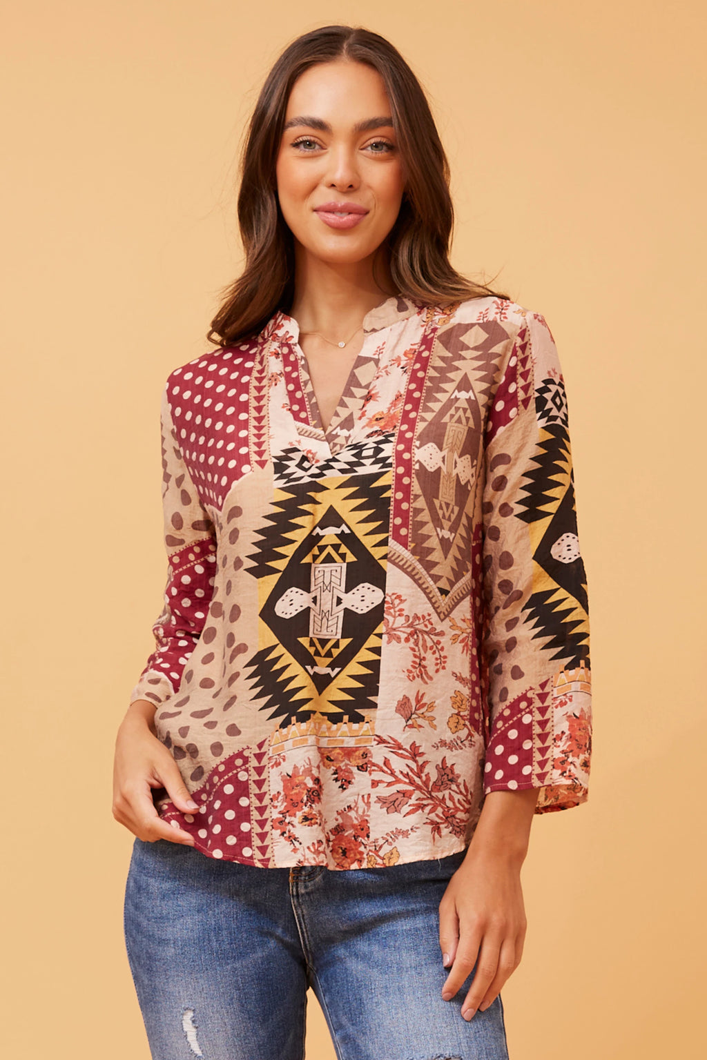 SPICY PATCHWORK PRINT BLOUSE