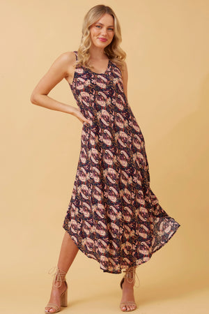 UMBRELLA PAISLEY BOHO MIDI DRESS