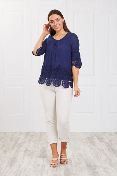3/4 SLEEVE LACE TRIM TOP