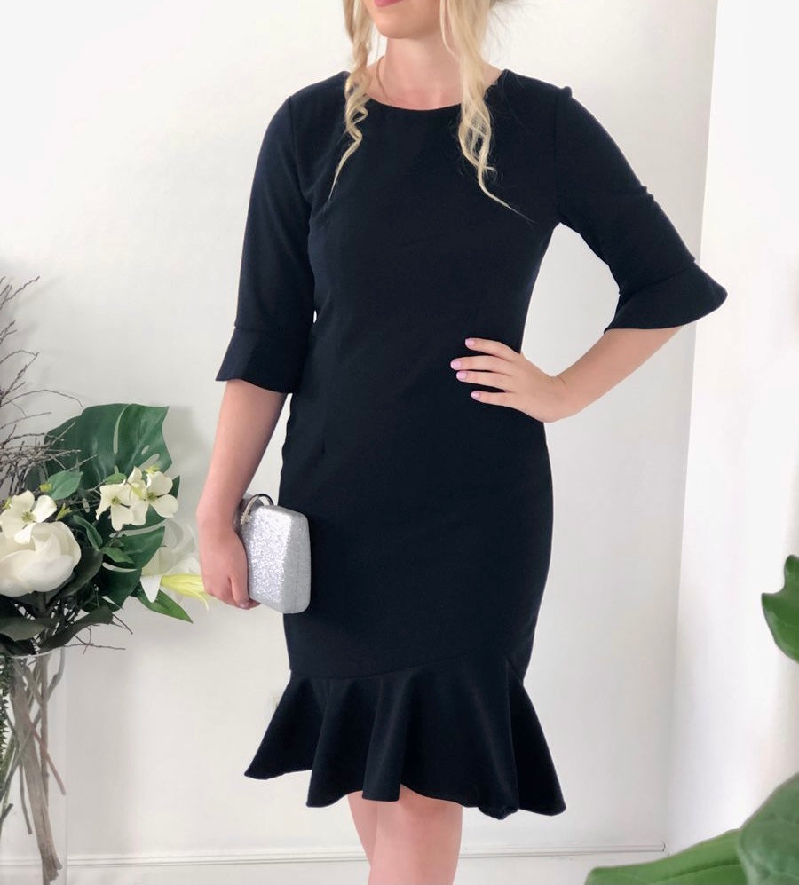 3/4 Bell Sleeve Midi Dress With Frill Hem