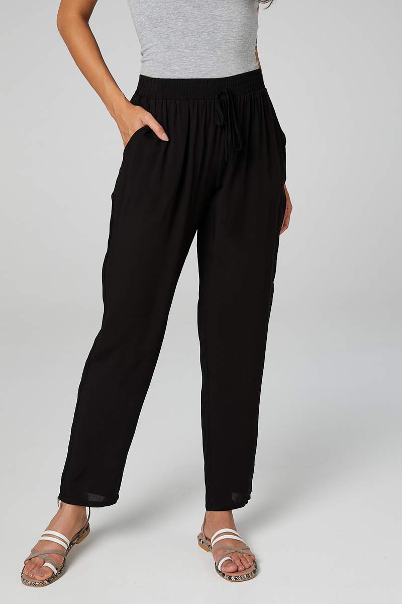 TIE WAIST SLIM LEG TROUSERS