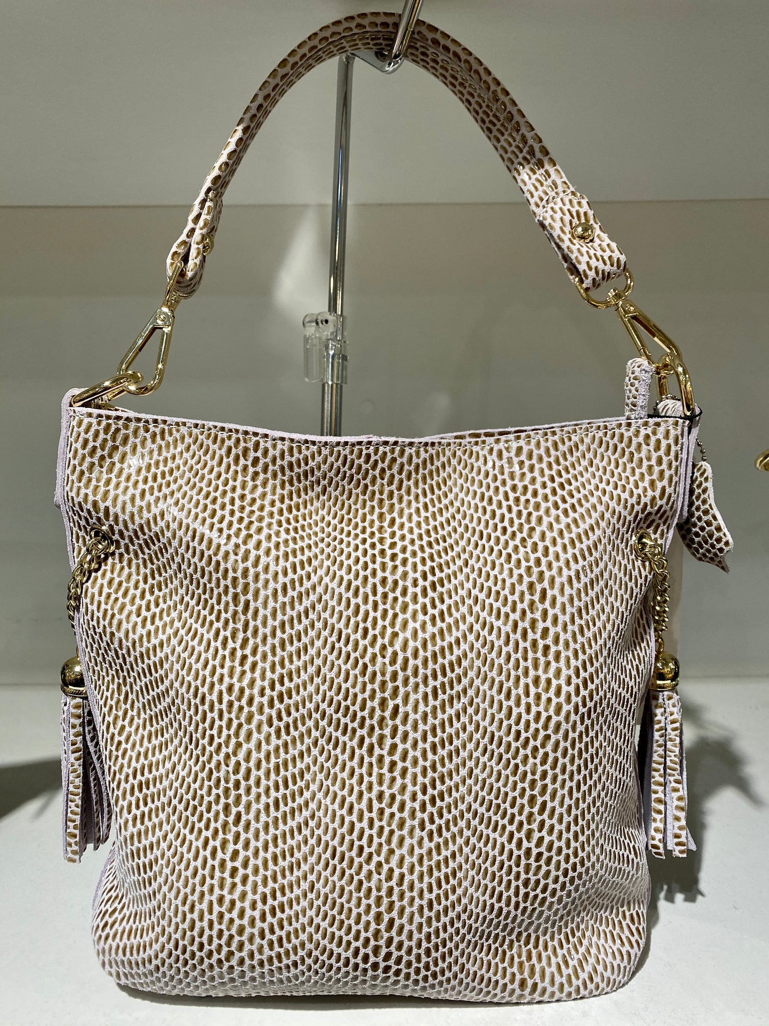 Detachable Strap Snake Print Medium Leather Bag