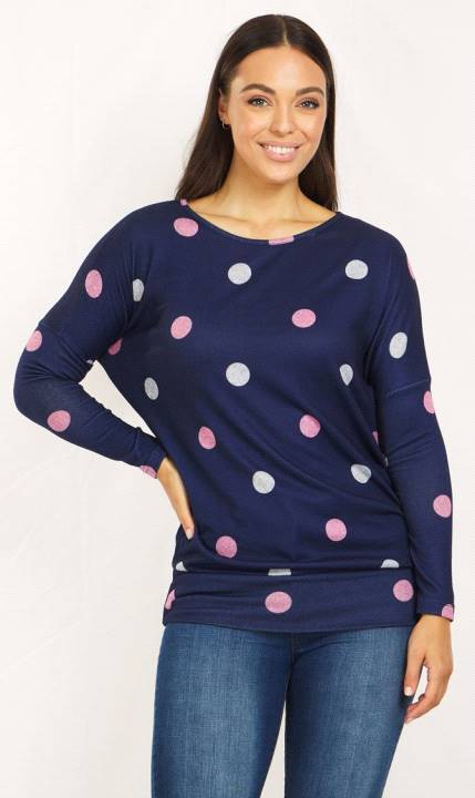 Long Sleeve Polka Dot Print Top With Wide Hem Band