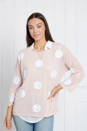 3/4 SLEEVE DOUBLE LAYER POLKA DOT TOP WITH HANKY HEM