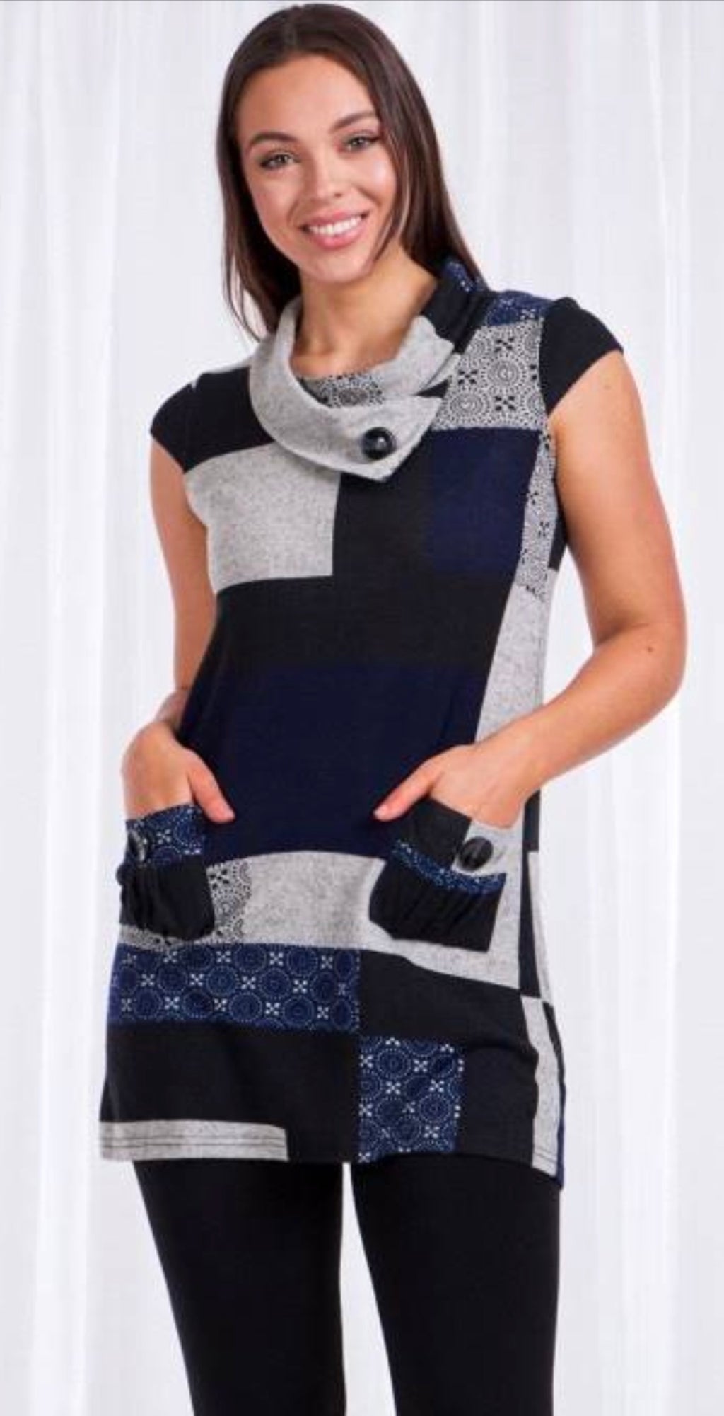 Cap Sleeves Printed Tunic Dress With Front Pockets And Cowl Neck