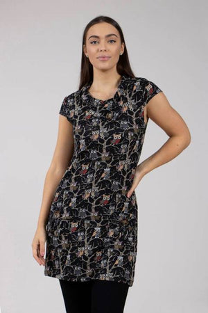 Cap Sleeve Owl Print Dress With Cowl Neckline