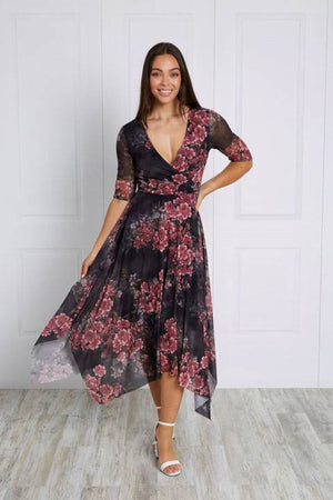 3/4 SLEEVE FLORAL PRINT ASYMMETRICAL HEM DRESS