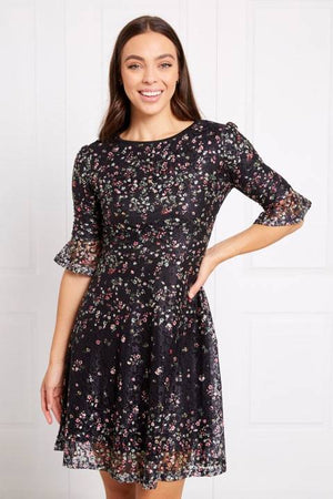 3/4 SLEEVE FLORAL PRINT LACE DRESS