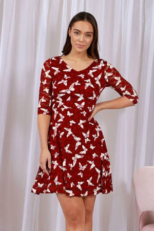 3/4 Sleeve Butterfly Print Lace Dress With Tie
