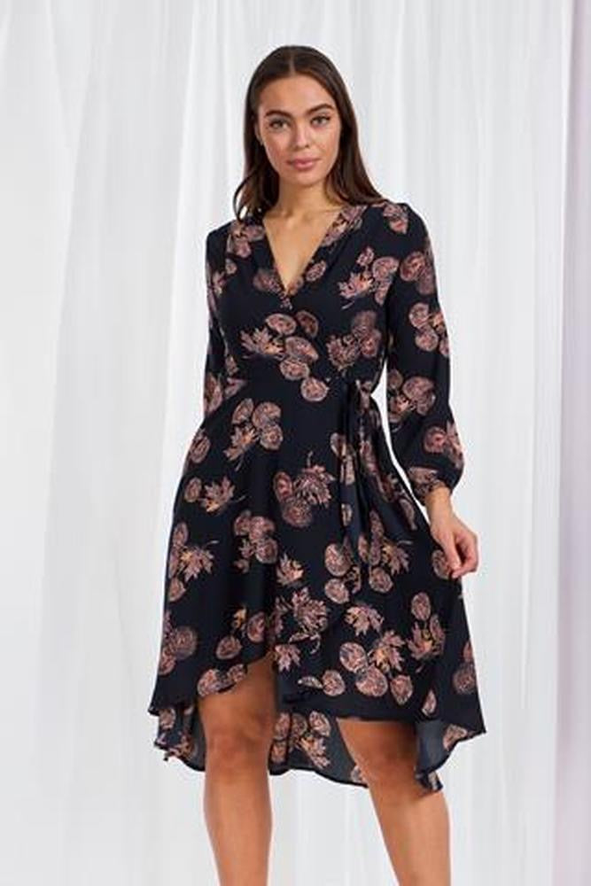 Split Sleeve Dandelion Print Wrap Dress