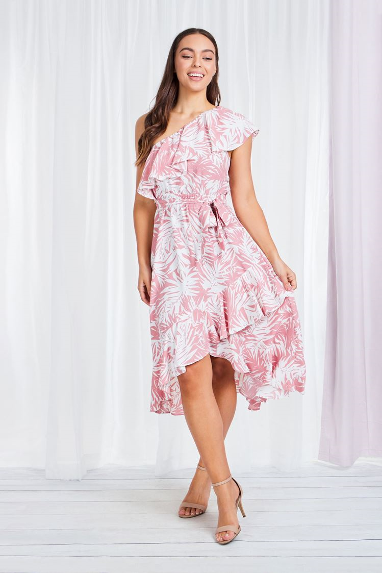 Palm Leaf Print One Shoulder Layered Dress