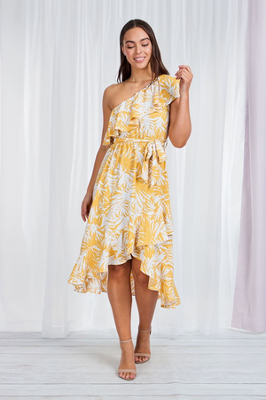 Palm Leaf Print One Shoulder Layered Dress