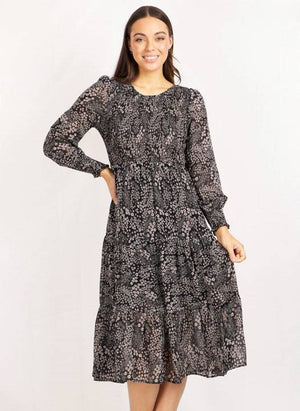 Long Sleeves Shirring Detail Floral Print Maxi Dress