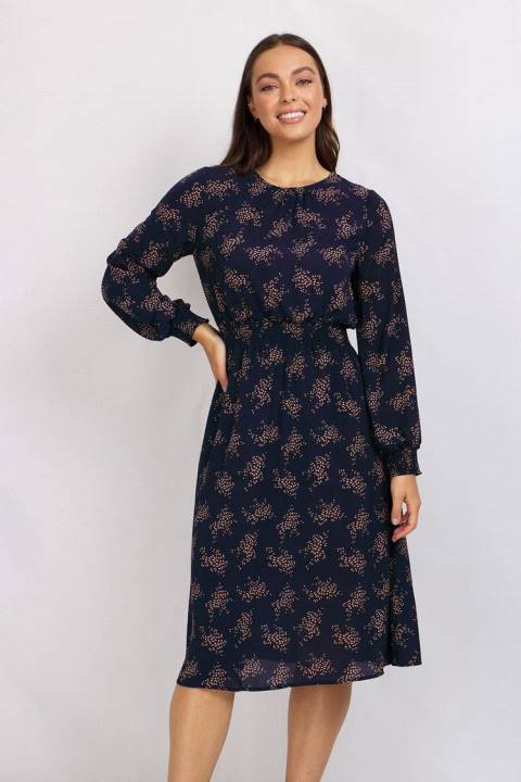 Long Sleeves Printed Shirring Detail Dress