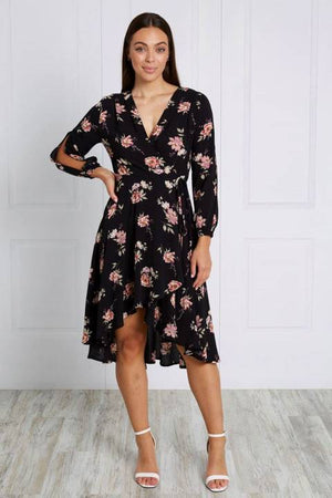 LONG SLEEVE PRINTED WRAP DRESS