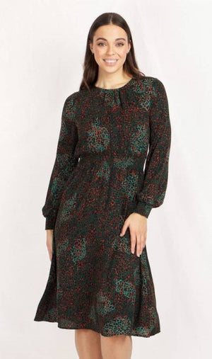 Long Sleeves Printed Shirring Detail Dress