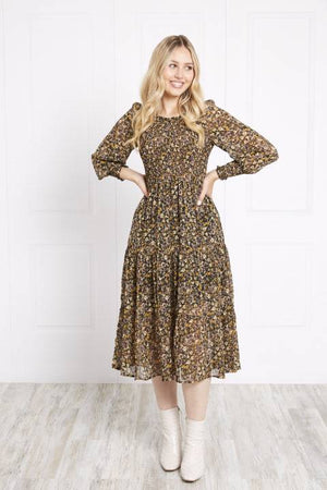 LONG SLEEVES SHIRRING DETAIL FLORAL PRINT DRESS