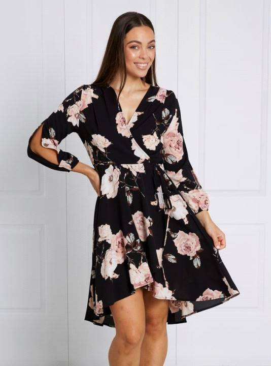 LONG SLEEVE PRINTED WRAP DRESS