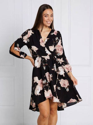 LONG SLEEVE PRINTED WRAP DRESS