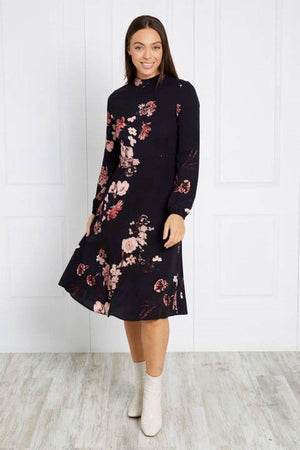 LONG SLEEVE FLORAL PRINT DRESS WITH HIGH COLLAR