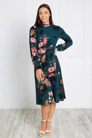 LONG SLEEVE FLORAL PRINT DRESS WITH HIGH COLLAR