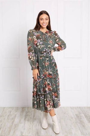 LONG SLEEVE FLORAL PRINT TIERED DRESS
