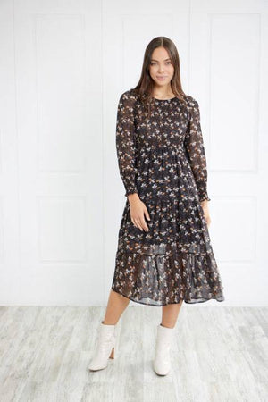 LONG SLEEVE SHIRRING DETAIL PRINTED MIDI DRESS