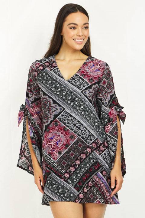 Floral Printed V Neckline Long Sleeve Dress