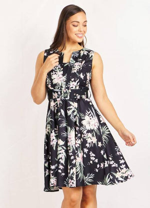 Sleeveless Floral Printed Dress With Belt