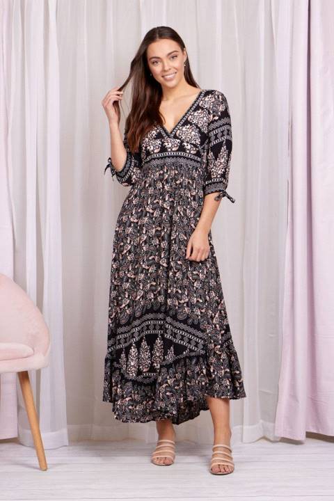 3/4 TIE SLEEVES BORDER PRINT BOHO MAXI DRESS