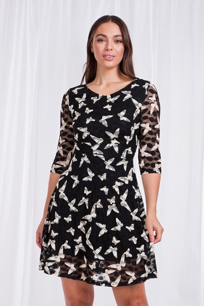 3/4 Sleeve Butterfly Print Lace Dress With Tie