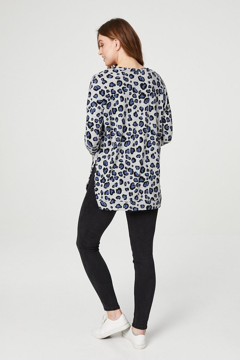 Long Sleeves Animal Print Hi-Low Hem Top