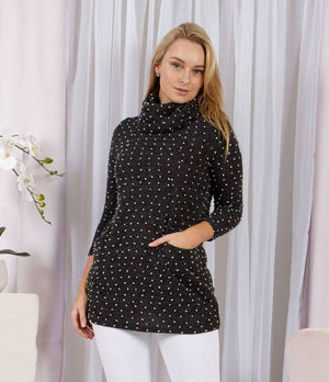 Long Sleeve Polka Dot Top With Front Pockets And High Neck Trim Detail