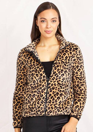 Long Sleeves Zip Front High Neck Animal Print Jacket