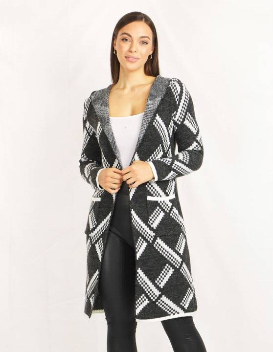Long Sleeve Check Pattern Knit Cardigan With Hood