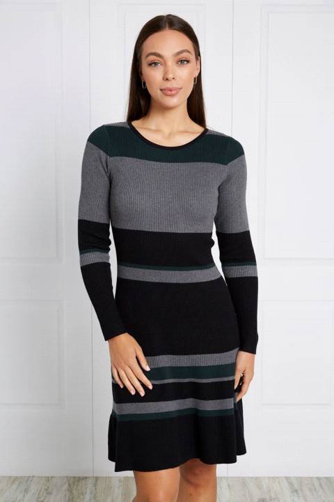 LONG SLEEVE BLOCK PRINT KNIT DRESS