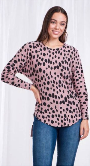 Long Sleeves Spot Print Pullover with Rounded Hem